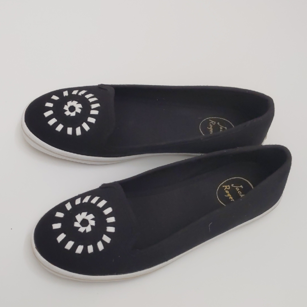Jack Rogers Black Flats with White Circular Toe Motif